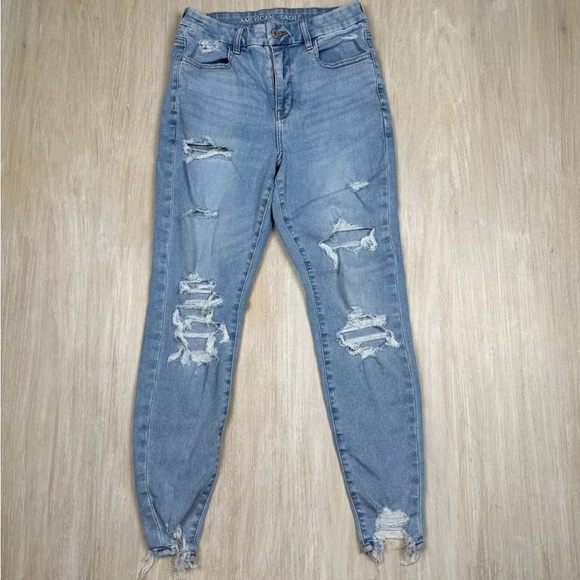 Women’s American Eagle Highest Rise Distressed Jeggings Medium Blue size 10 Long - Picture 3 of 7